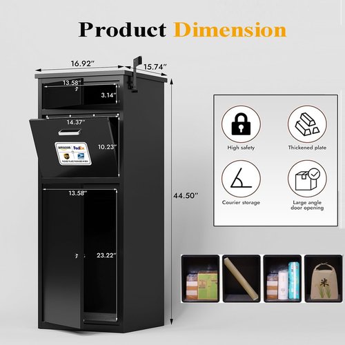 Outdoor Package Delivery Box - Anti-Theft, Waterproof, Rustproof, Outside Lockable Black Metal Parcel Drop Boxes, Ideal for Porch, Fence, and Curbside