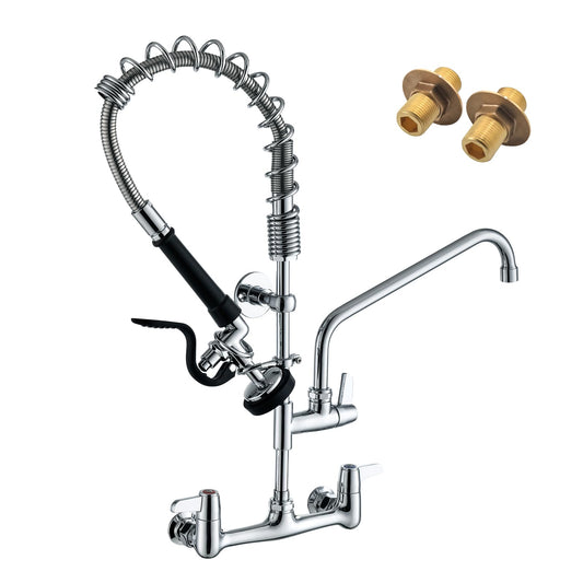CENOSA Commercial Sink Faucet Wall Mount with Pre-Rinse Sprayer – 8 Inch Center Wall Mount Sink Faucet, 25" Height, 12" Swing Spout, Pull Down Sprayer for Industrial & Restaurant Sinks