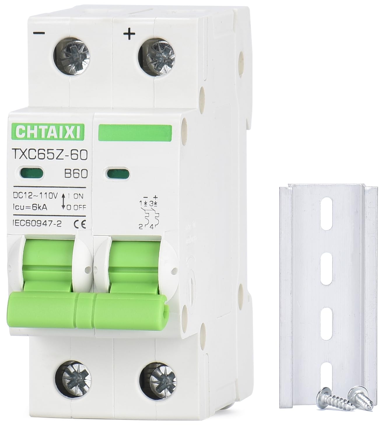 12V-110V DC Miniature Circuit Breaker, 60 Amp 2 Pole Battery Breaker Protector for Solar PV System and RV, Thermal Magnetic Trip, DIN Rail Mount, Chtaixi DC Disconnect Switch B60