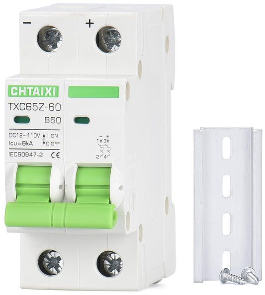 12V-110V DC Miniature Circuit Breaker, 60 Amp 2 Pole Battery Breaker Protector for Solar PV System and RV, Thermal Magnetic Trip, DIN Rail Mount, Chtaixi DC Disconnect Switch B60