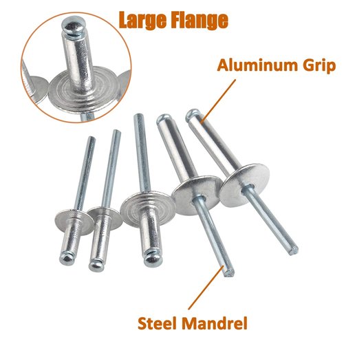 ISPINNER 50pcs 3/16" x 1/2" Large Flange Aluminum Blind Rivets, 4.8 x 12mm Pop Rivets (Silver)