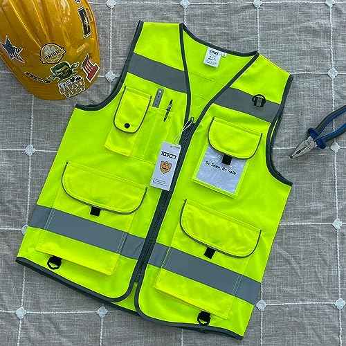 TCCFCCT Safety Vest for Men Women 9 Pockets High Visibility Vest for Safety, Reflective Work Vest with Reflective Strips, Meets ANSI/ISEA Standards, (Yellow, Large)