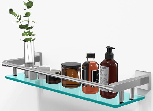 SFGSOWOR 20IN Glass Shelf for Bathroom Nickel Rectangular Stainless Steel Tempered Glass Modern Wall Mount Shelf Sink Over Toilet Bathroom Shelves (Brushed Nickel, 20‘’)