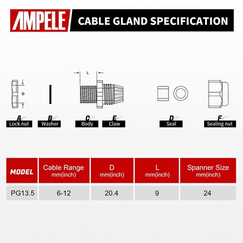 AMPELE Cable Gland 20 Pack PG13.5 Waterproof Adjustable 6-12mm Nylon Cable Glands Joints With Gaskets, Black(PG13.5)