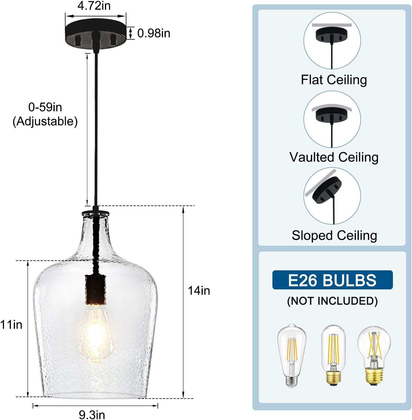 9.3" Blown Glass Pendant Lighting for Kitchen Island,Black Large Pendant Light Fixture with blown Thickened Glass,1 Light Farmhouse Hanging Light for Hallway,Bedroom, Living Room Tall 14 inch