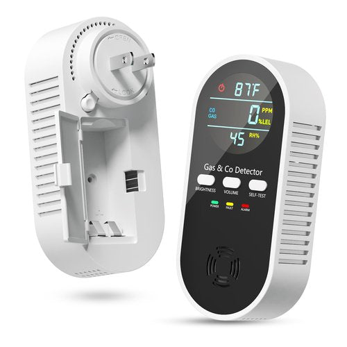 5-in-1 Gas Leak Detector & Carbon Monoxide Detectors Plug in, Portable Carbon Monoxide Detector with Brightness & Volume Adjustment, Temperature & Humidity, Battery Backup for Home/RV/Travel/Camping