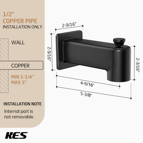 All Metal Tub Spout with Diverter, KES 5-3/8 Inch Bath Tub Faucet Replacement with Stainless Steel Extension Nipple, Black Shower Slip-on Bathtub Faucet for 1/2 Inch Copper Pipe, PTSN300-BK