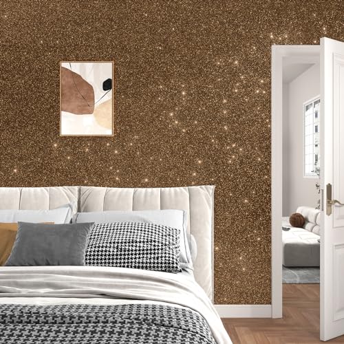 Brown Gold Glitter Wallpaper Stick and Peel Self Adhesive Glitter Wallpaper Rolls for Bedroom Accent Walls 11.8"X78.8" Gold Brown Sparkle Shimmer Contact Paper for Cabinets Room Decor
