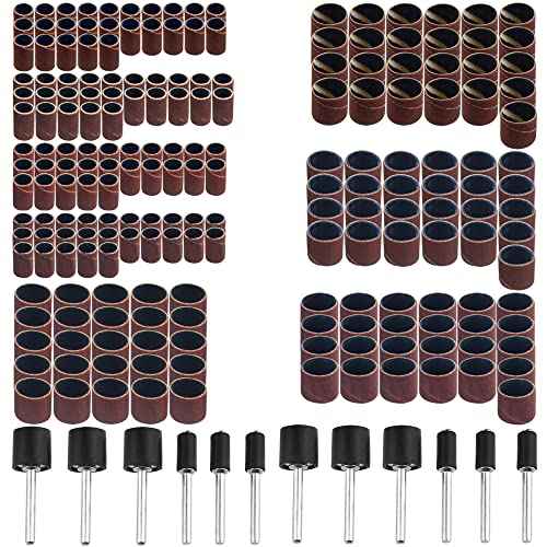 TOVOT 212PCS Sanding Drum Assortment Set Rotary Tool Sanding Drums with 1/8 Shank Sanding Bands Sanding Sleeves for Drill (180/240/320/600 Grit)