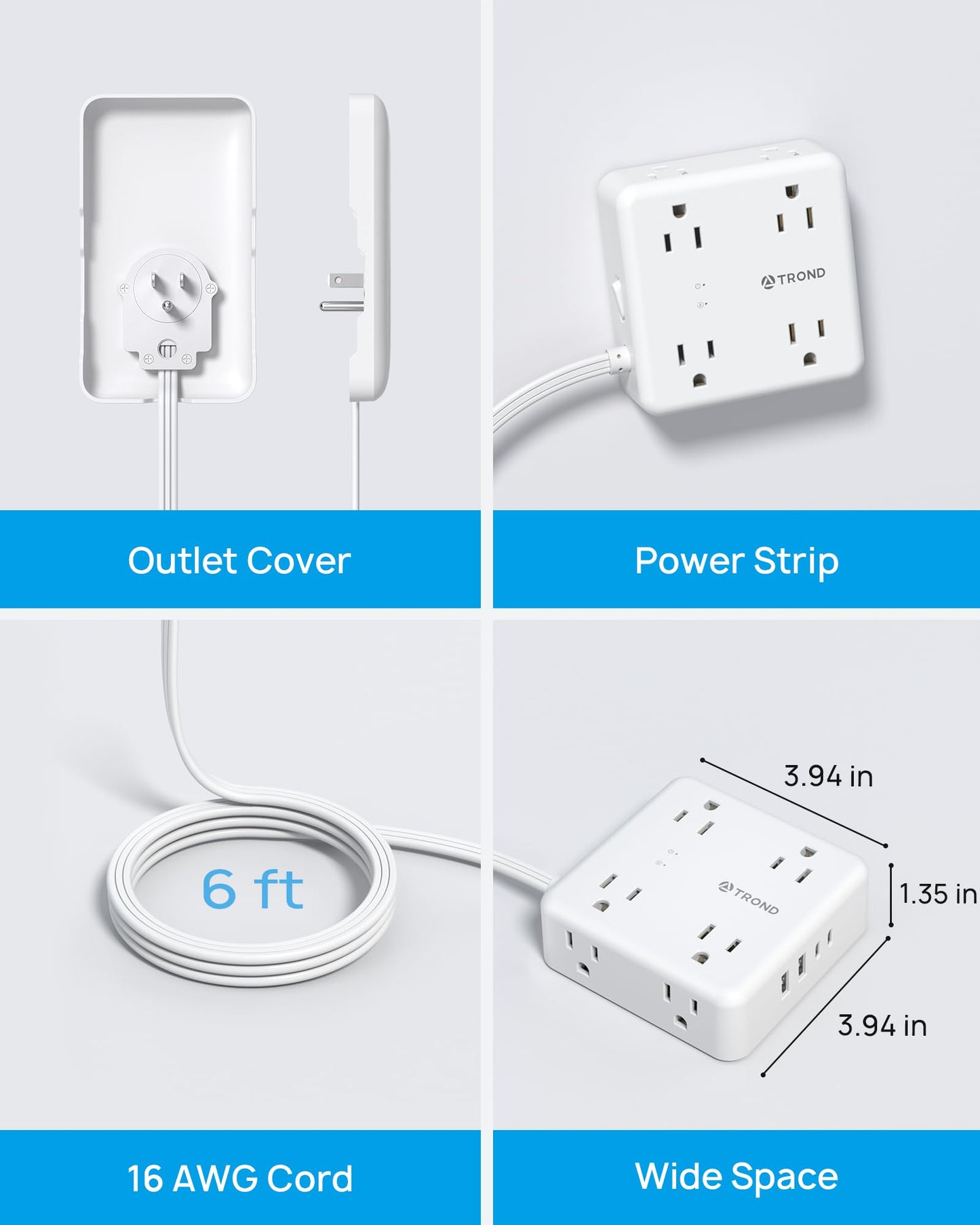 TROND Flat Outlet Cover Extender - 6FT Flat Extension Cord with 8 Outlet and 4 USB, Ultra-Thin Power Strip Cord Concealer with 1700 Surge Protector, Idea for Home Improvement to Hide TV Messy Cord