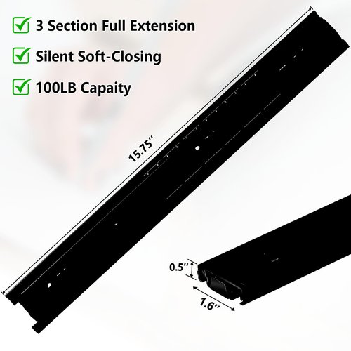 1 Pair 200Lb Heavy Duty Drawer Slides Full Extension 15.75IN Black Slide Track Rail
