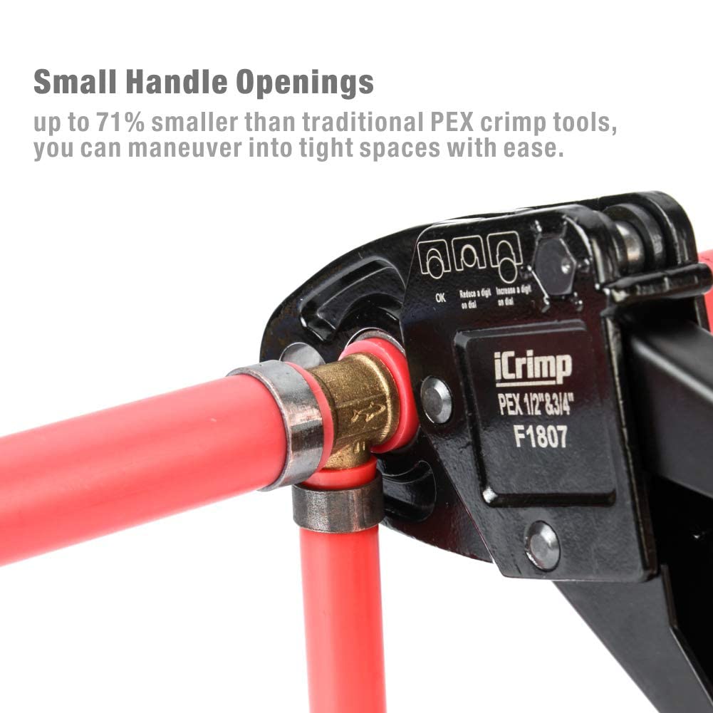 IWISS Combo Angle Head Pex Pipe Plumbing Crimping Tool for Copper Crimp Jaw Sets 1/2" & 3/4" with Go/No-Go Crimp Gauge