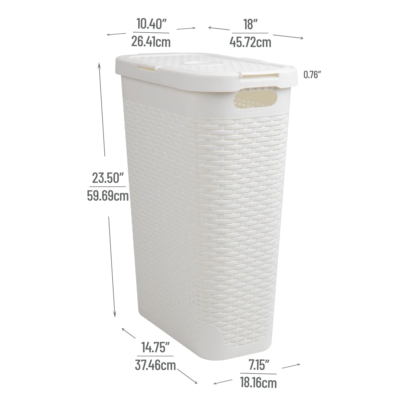 Mind Reader 40L Slim Laundry Hamper, Clothes Basket, Lid, Wicker Design, Plastic, 18"L x 10.4"W x 23.5"H, White