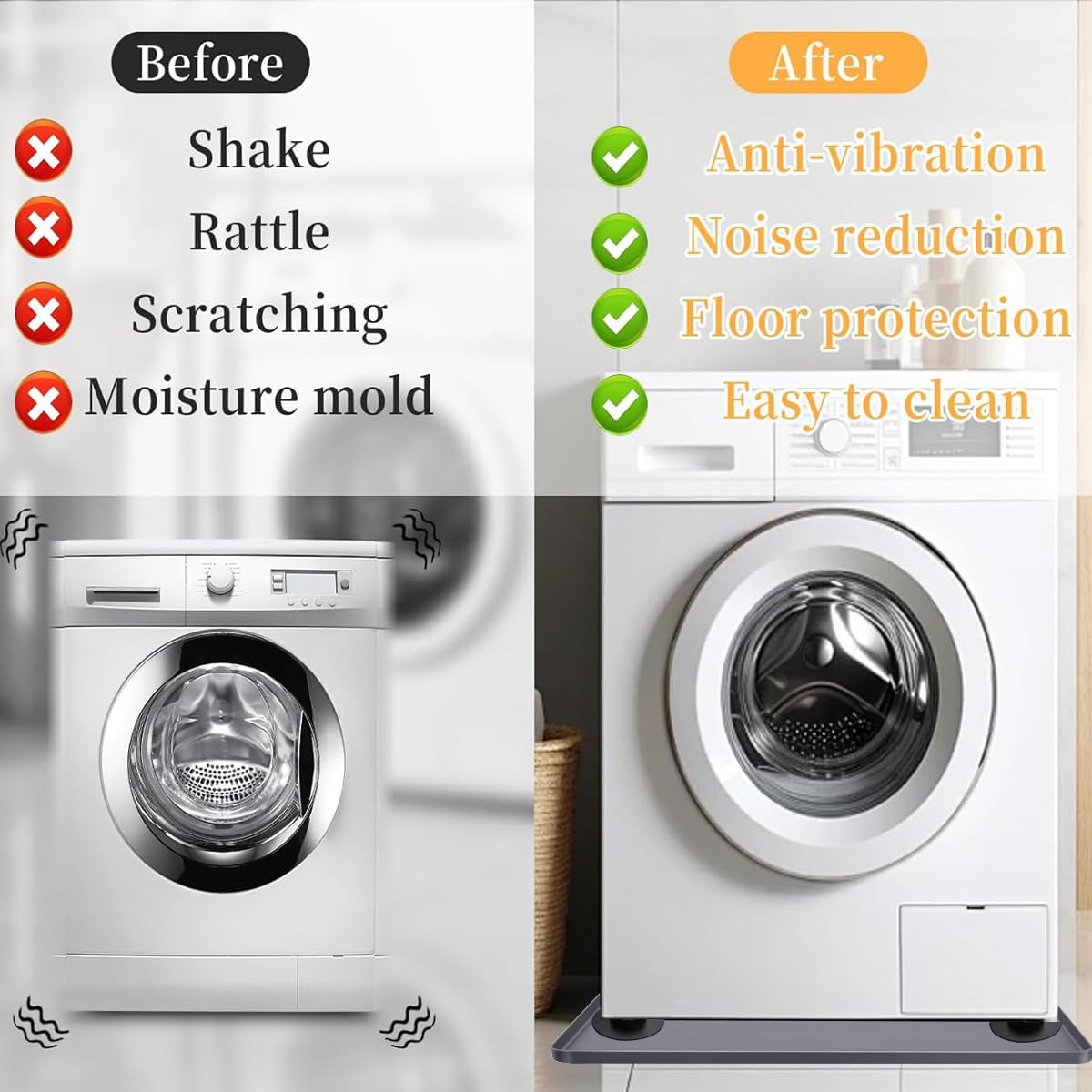 Washing Machine Drain Pan Washer Silicone Mat, Washer Tray Anti-Vibration Soft Bottom Pad Under Dryer Drip Pan Floor Protector, 27x27 Inch Non-Slip Leak Pan Waterproof Washer Drip Tray (Gray+4 pad)