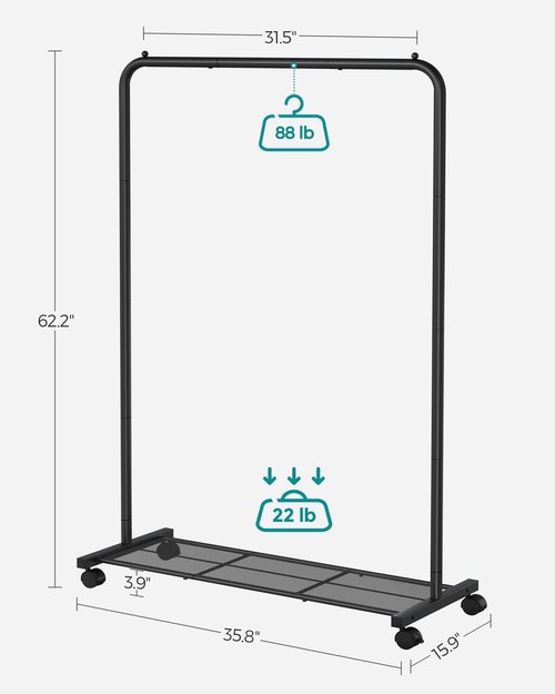SONGMICS Clothes Rack with Wheels, Clothing Rack for Hanging Clothes, 25.4 mm Metal Garment Rack with Dense Mesh Storage Shelf, 110 lb Load Capacity, 2 Brakes, Black UHSR25BK