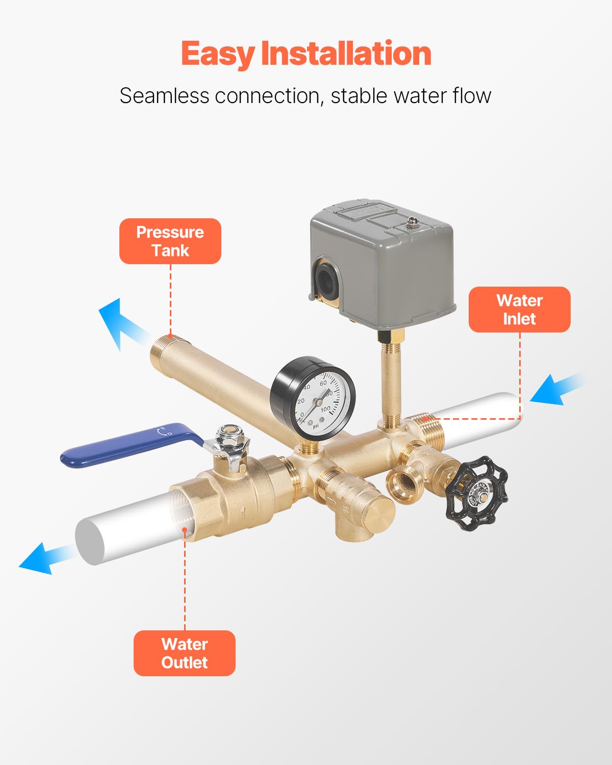 VEVOR 1" x 11" Well Pressure Tank Tee Kit, with 30/50PSI Switch, 8-Pieces Pure Brass Pressure Tank Installation Kit for Water Well, 1 in Gate Valve Included, Fit Most tanks with Diameter up to 16 in