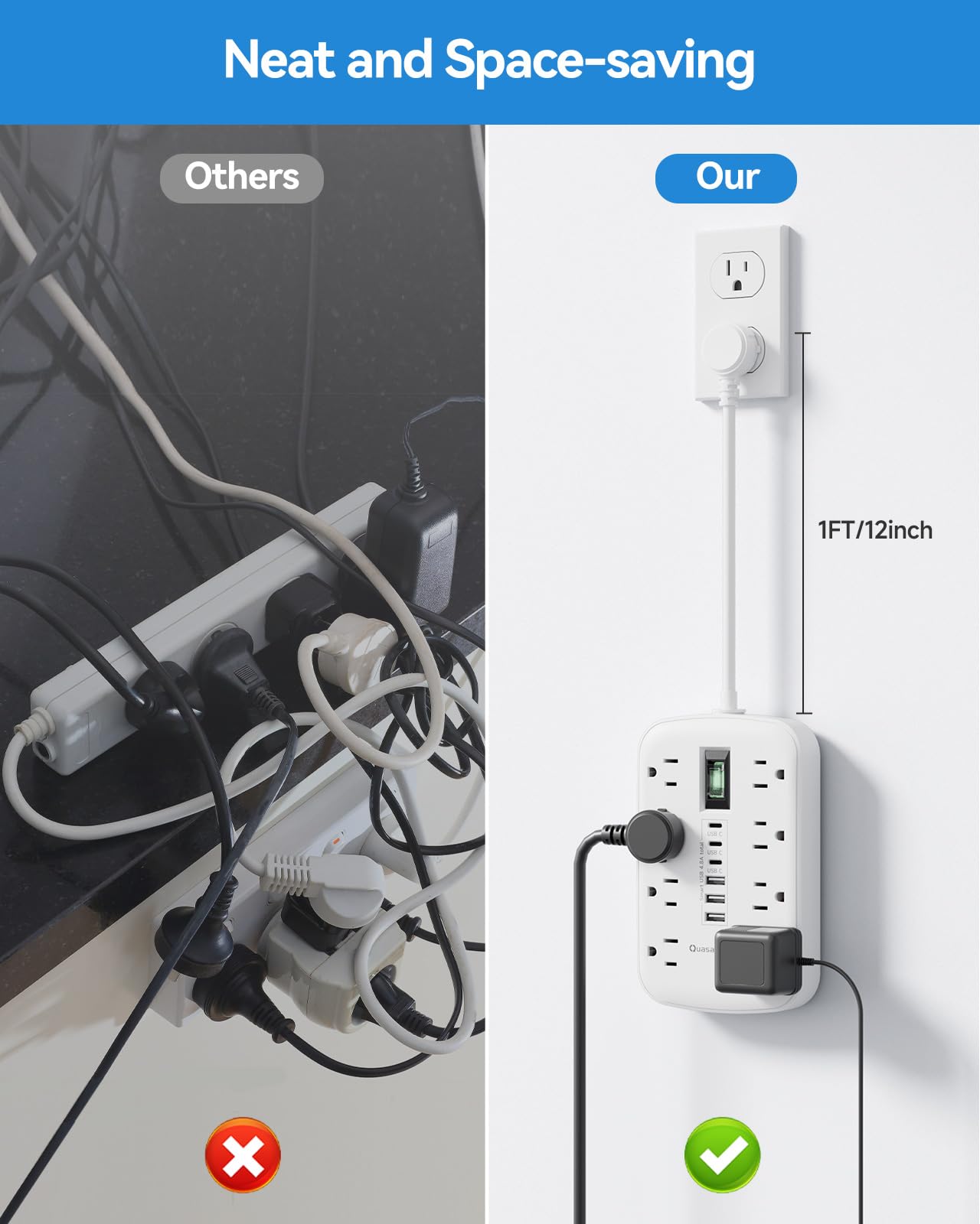 Short Extension Cord 1 ft, Small Power Strip Flat Outlet Extender Surge Protector with 8 AC Outlets 6 USB (5V/4.8A 24W), Mini Extension Cord Flat Wall Plug for Home Office Dorm Kitchen Bathroom