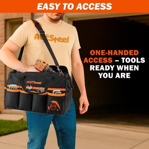 AV Steel 15 Inch Tool Bag with 16 Pockets Foldable Close Top Wide Mouth Tool Bag Organizer with Handle & Padded Adjustable Strap, Heavy Duty, Waterproof