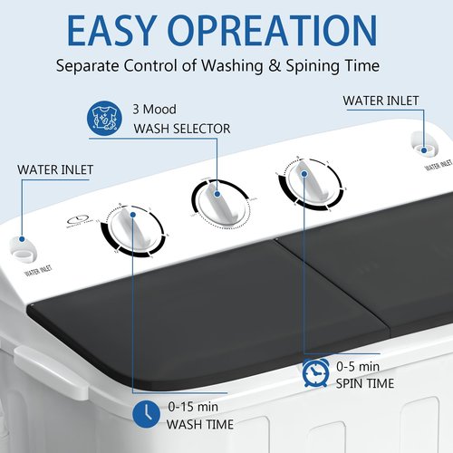 DOGHLY Double Tub 18LBS Washing Machine, Portable Washer and Spin Dryer Combo, Compact Laundry Machine for Apartments, Camping & RVs, Easy to Use, Energy & Water Efficient (18lbs)