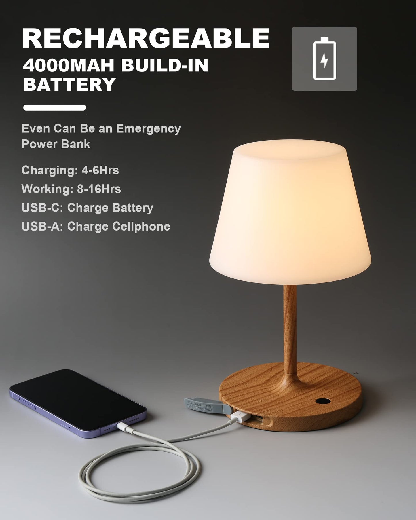WEILAILUX Outdoor Battery Operated Table Lamp Waterproof, 4000mAh Cordless Rechargeable, Touch Dimmable Desk Lamp, LED Night Light for Patio Camping Restaurant Home, H9.6in, Wood Grain
