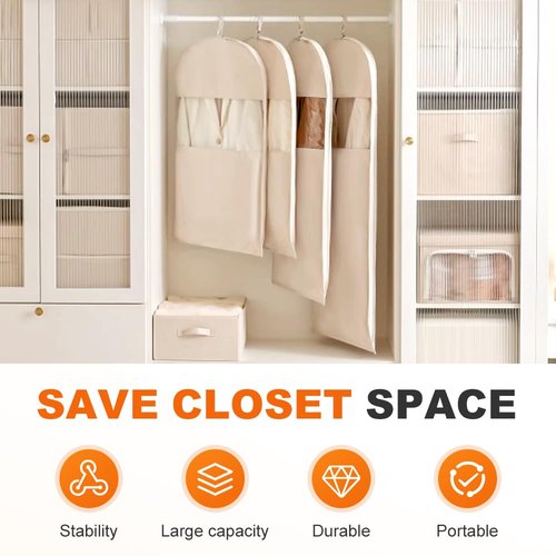 2025 Space Saving Hanging Garment Bag with Self Compression Zipper, Dust Cover Clothes Bags for Down Coat, Heavy Duty Closet Organizer Garment Bags for Closet Storage (Beige, Large)