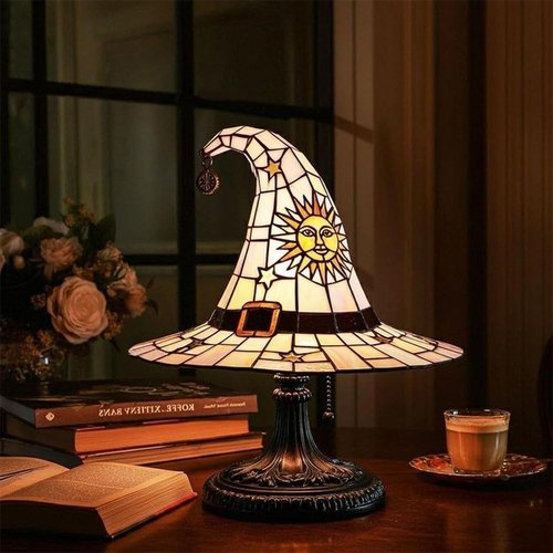 Witch Hat Lamps - Handcrafted Stained Gothic Wizard Hat Lights for Decor, Mystical Bedroom Ambiance & Wiccan Gifts，Light with Glow-in-The-Dark Figurine for Bedroom (Green)