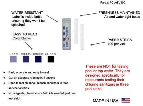 Chlorine Sani Test Strips for Food Service Restaurant Sanitizer Precision Bleach Test Paper, 10-200 ppm [100 Paper Test Strips]