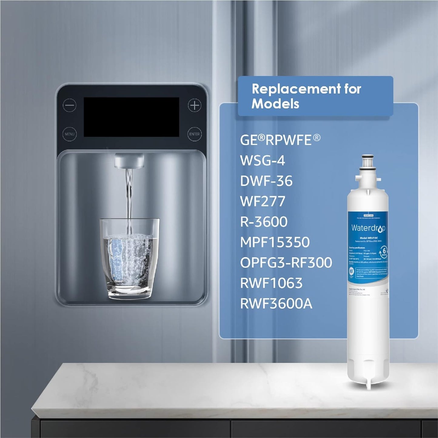 Waterdrop Replacement for GE® RPWFE®, RPWF (Built-in CHIP) Refrigerator Water Filter, Compatible with GFE28GYNFS, GFE28GELDS, PFE28KELDS, PFE28KYNFS, GFD28GELDS, PWE23KELDS, PWE23KMKES