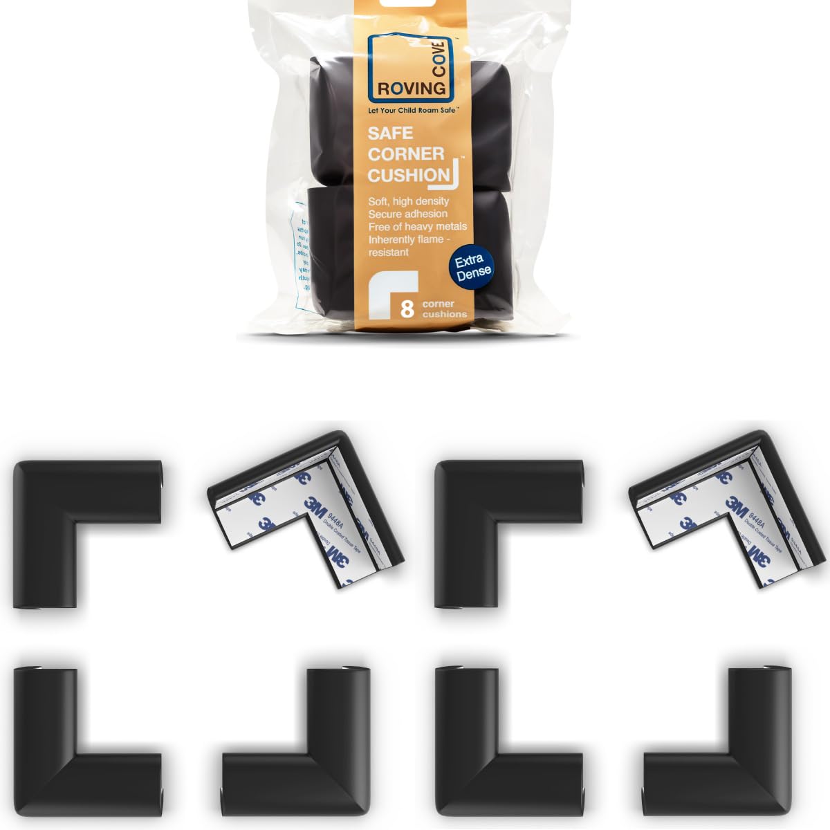 Roving Cove Slimfit Corner Protector for Baby Proofing (8 Small Corners), Soft Rubber Foam Furniture Corner Bumper Guards, 3M Adhesive Pre-Taped, Onyx Black