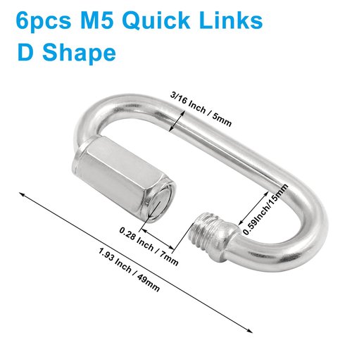 Qjaiune 6Pcs Quick Links 3/16 Inch 304 Stainless Steel D Shape Locking Quick Connector, M5 Quick Link Chain Heavy Duty Durable Chain Connector - 648lbs Capacity