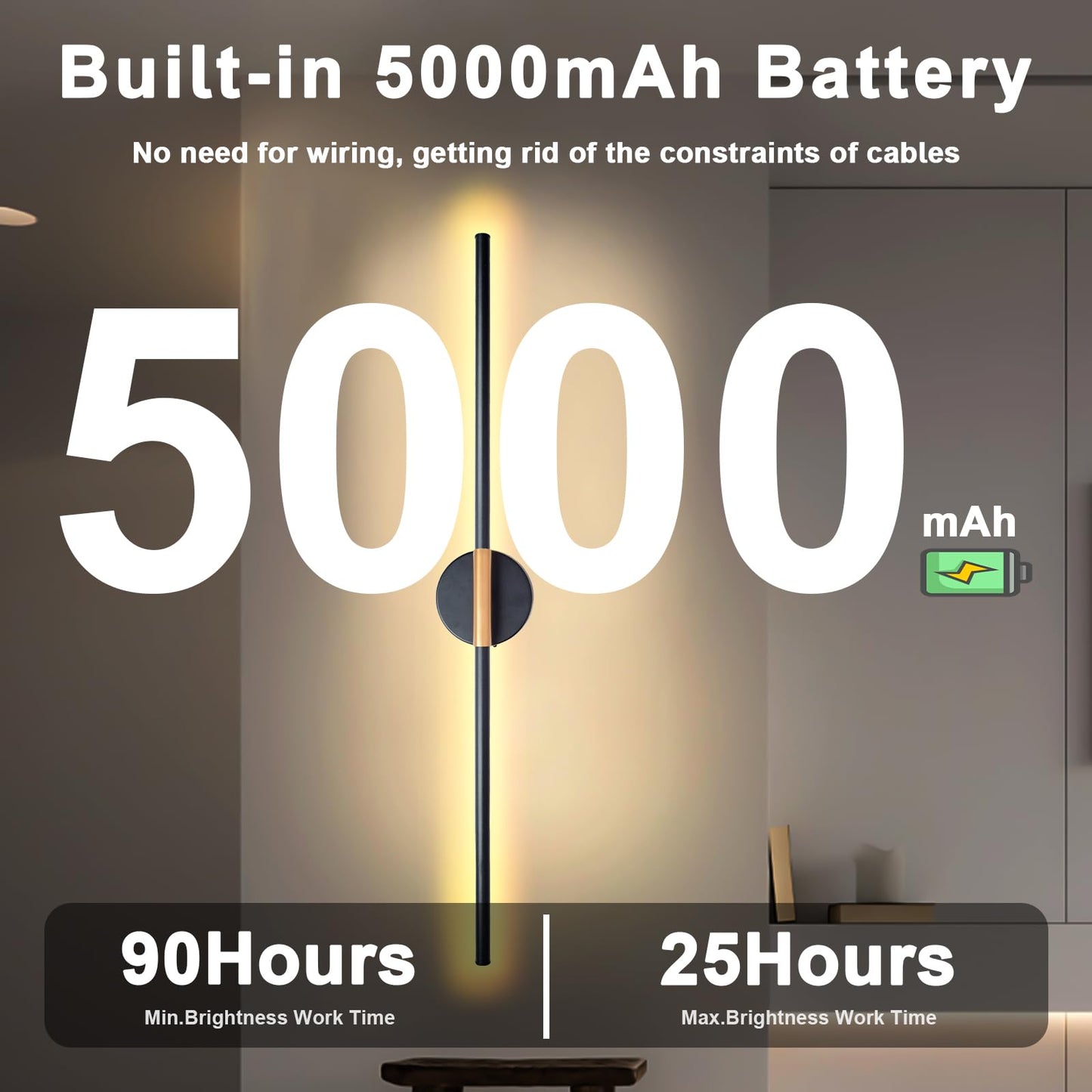 Wireless Wall Sconces Set of 2, Battery Operated Wall Sconce with Remote Dimmable 28.7 Inch 5000mAh Rechargeable 360°Rotate Bedroom Lights For Wall Lamps Decor for Living Room, Hallway-Warm White