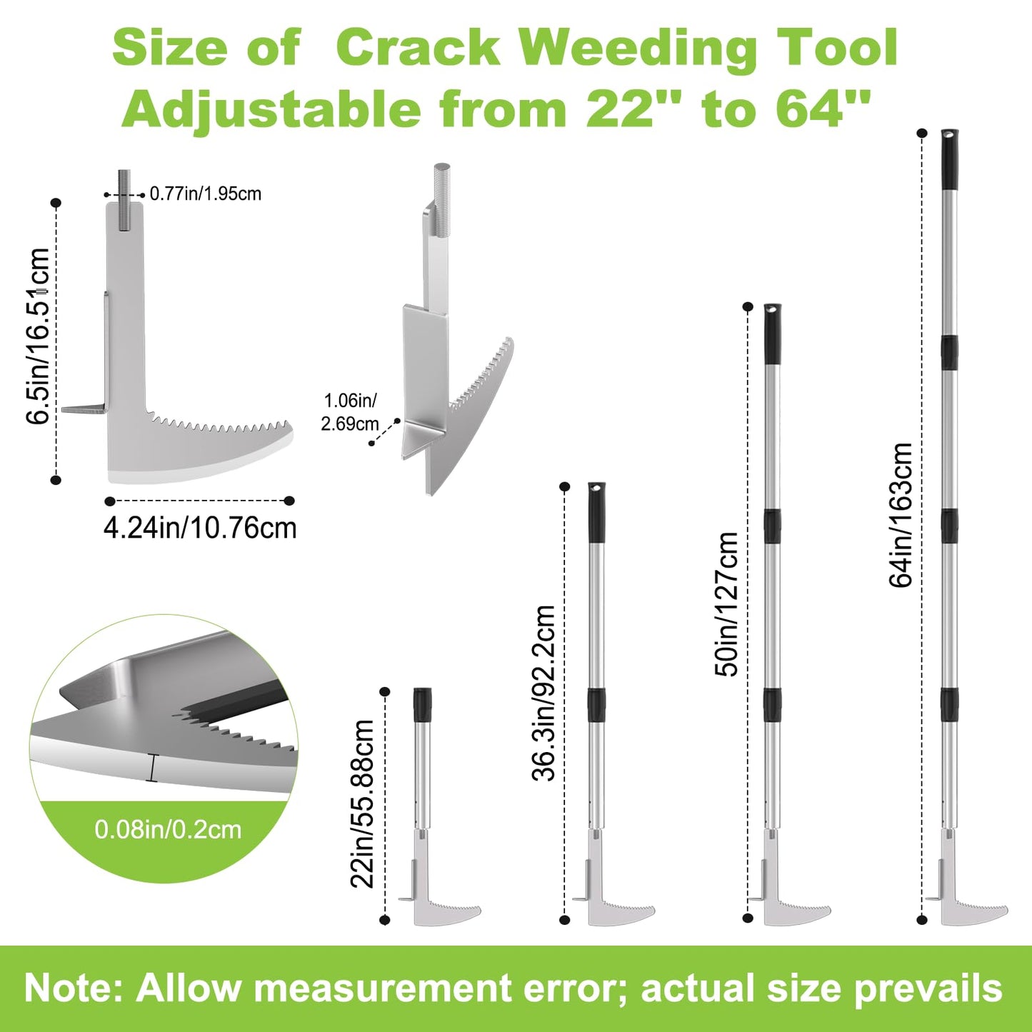 Crack Weeder, Stainless Steel Crevice Weeding Tool with 22'' to 64'' Adjustable Long Handle, L-Shaped Manual Weed Puller Spatula, Weed Remover Gardening Tool for Sidewalks Driveways Patio Pavers Rocks