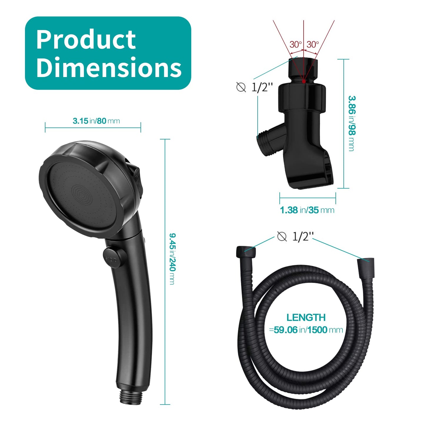 MIAOHUI Modern Handheld Shower Head with On/Off Switch, 3 Spray Settings, Removable Shower Head with Hose, Angle Adjustable Shower Bracket, Teflon Tape, Black