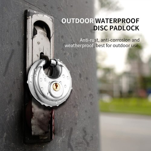 CINCINNO Keyed Alike Discus Padlock, Stainless Steel Storage Unit Lock,2-3/4 in.Wide,3/8 in. Diameter Shackle, Disc Locks for Sheds, Garages and Fence，2Pack