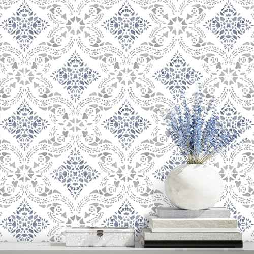 Peel and Stick Wallpaper Blue Boho Wallpaper for Bathroom Contact Paper Blue Self Adhesive Wall Paper Peel and Stick Vintage Removable Kitchen Backsplash Waterproof Vinyl 16.9in x 118.1in