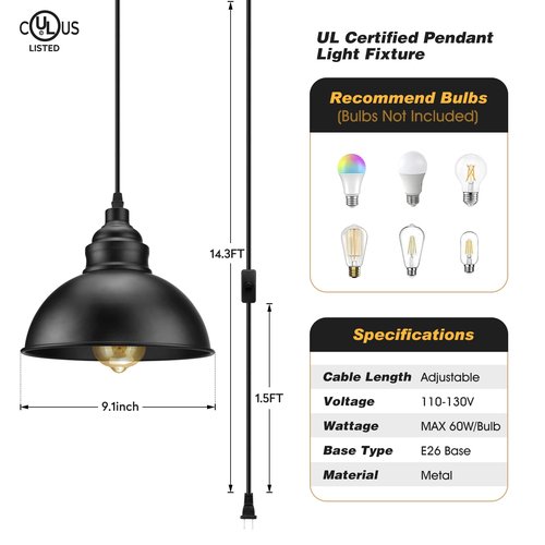 SoodMi Plug in Pendant Light, 15FT Hanging Lights with Plug in Cord, On/Off Switch, Industrial Pendant Light with Plug in Cord, Metal Hanging Lamps for Living Room, Kitchen, Dining Room, Bedroom