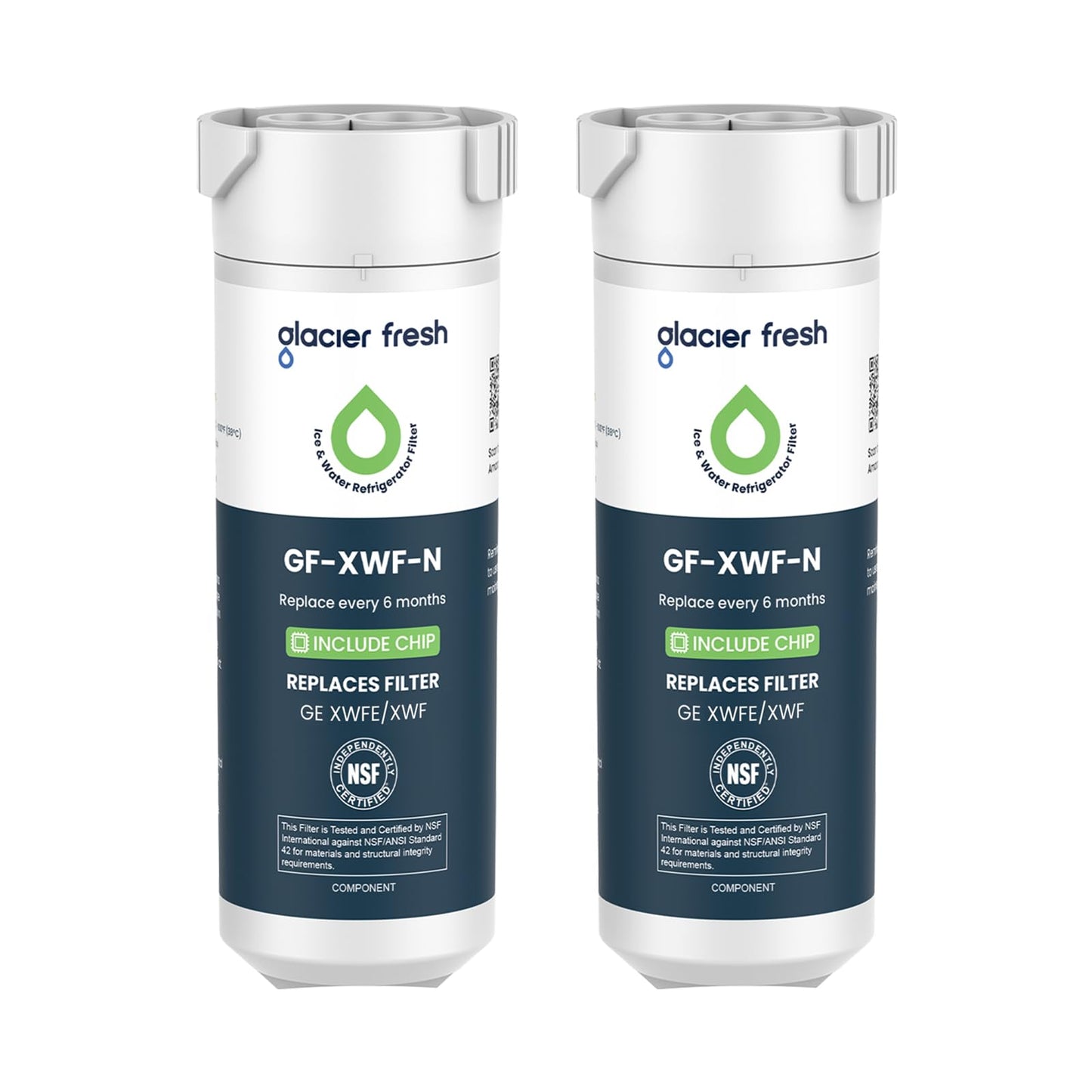 GLACIER FRESH Water Filter Compatible with XWFE (Built-in CHIP), Replacement for GE XWFE, XWF Refrigerator Water Filter NSF/ANSI 42 Certification Pack of 2