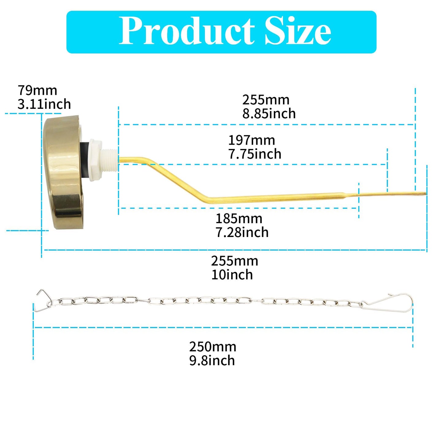 Lychee Light Toilet Cistern Side Flush Lever, Compatible with TOTO WC Flush Handle, Pure Copper Rod Body, Equipped with Hook-Style Chain for Toilet Flush Rod Replacement Part, 1 Piece (PVD Gold)