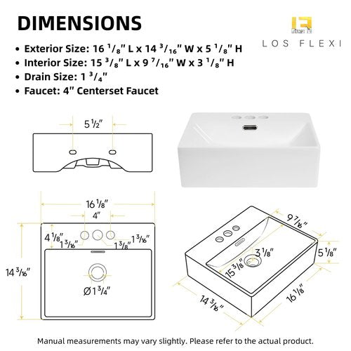 16"W x 14"D Wall Mounted Bathroom Sink With 3 Pre-drilled 4-Inch Faucet Holes, Los Flexi 16 Inch White Rectangular Ceramic Vessel Sink With Overflow, Compact Wall Hung Sinks for Small Bathrooms