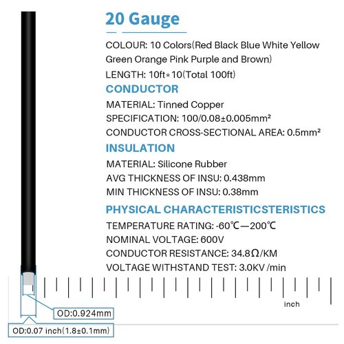 BNTECHGO 20 Gauge Silicone Wire Kit 10 Color Each 10 ft Flexible 20 AWG Stranded Tinned Copper Wire