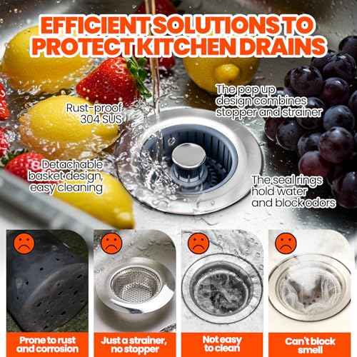 Kitchen Sink Drain Strainer & Sink Stopper, Upgraded 3 in 1 Stainless Steel Drain Plug Combo with Anti-Clog Basket, Pop Up Drain Cover for Standard 3-1/2'', Fits Double Bowl Kitchen Sinks