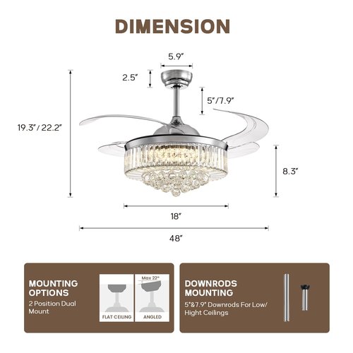 CROSSIO 48 Inch Crystal Chandelier Ceiling Fan with Light Modern Chandelier Ceiling Fan with Retractable Blades Crystal Fandelier with Remote Control 48" Chrome Fandelier for Bedroom Living Room