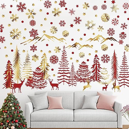 Teling 8 Pieces Winter Snowflake Wall Decals Stickers Dreamy Nursery Forest Woodland Trees Deer Pine Tree Wall Decals for Kids Room Winter Decor(Red, Gold)