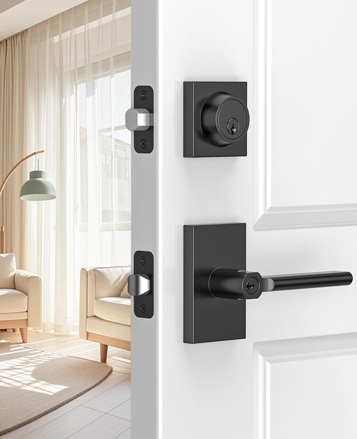 Calzibeno Entry Lever Front Door Handle and Single Cylinder Deadbolt, Keyed Alike Lockset with Double Lock for Right and Left Sided Door, Heavy Duty Exterior Door Lock Set, Matte Black