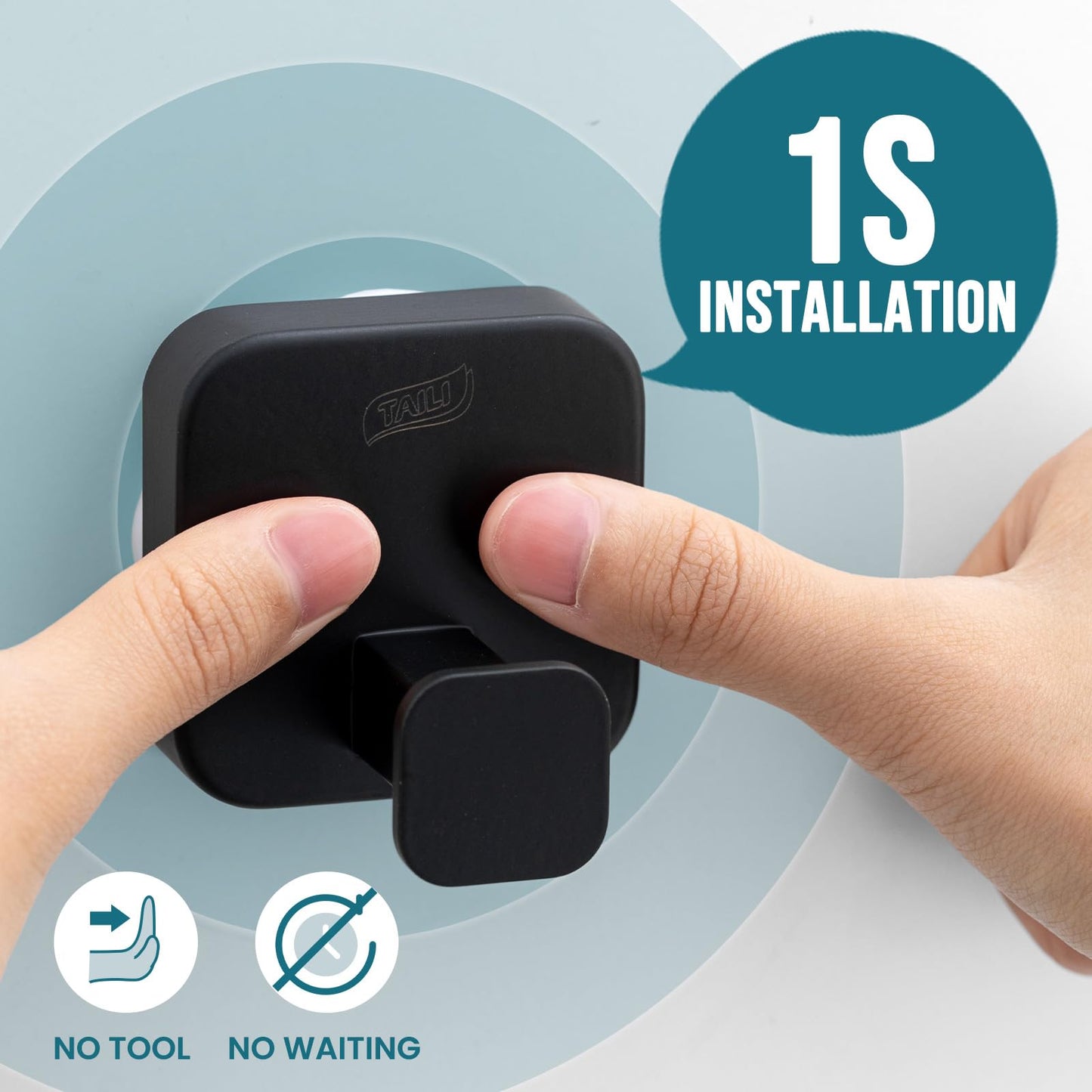 TAILI 304 Stainless Steel Bathroom Suction Hook for Towel, Loofah, Bathrobe, Patented Strong Suction Cup, Damage-Free Hanging Glass Shower Wall Hook, Hold Up to 11 Lbs, 2 Pack, Modern Square, Black