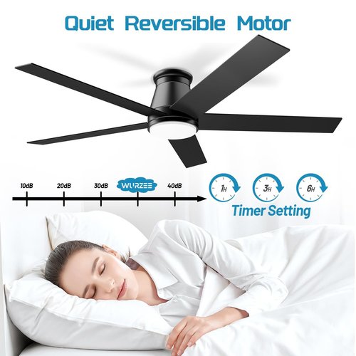 wurzee 60 inch Flush Mount Ceiling Fan Black Ceiling Fans with Lights 6 Speeds DC Reversible Motor, Timing, Dimmable, 5 Blades for Study, Nursery, Indoor Patio Porch Garage Shop