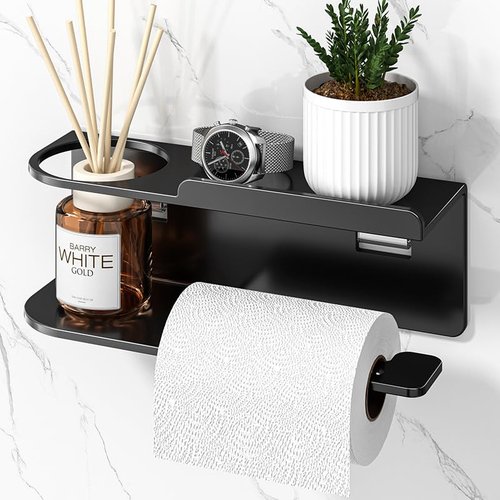 Toilet Paper Holder with Shelf, Self Adhesive or Wall-Mount with Screws for Bathroom, Washroom, Stainless Steel Toilet Tissue Roll Holder with Wipes Storage (Black)