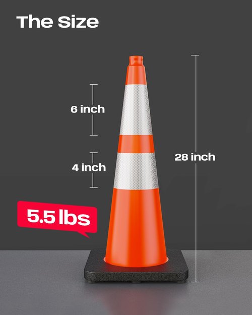 BATTIFE 28 Inch Traffic Cones with Black Weighted Base, PVC Orange Cones for Traffic Control, Construction Events, Driveways, and Parking Lots (8 Pack)