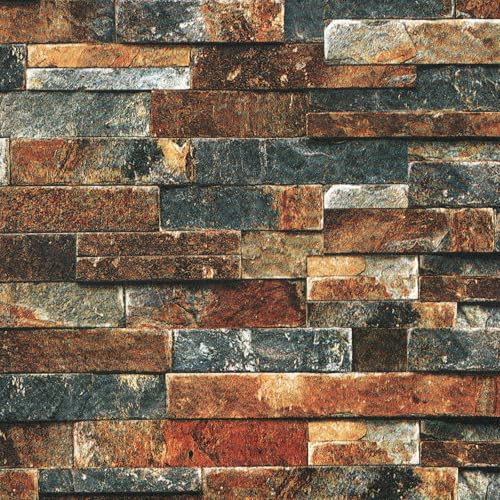 LACHEERY Vintage Brick Wallpaper Peel and Stick 3D Textured Brown Blue Stone Wallpaper Removable Self Adhesive Brick Contact Paper for Walls Kitchen Fireplace Heat Resistant Waterproof Roll 15.8"x80"