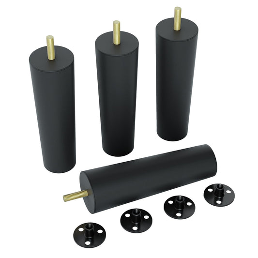 Aglaiprty 4 Pack 6 Inch Black Plastic Furniture Legs - Round Tapered Sofa/Couch/Chair Legs with M8 T-Nuts & Plate Nuts - Replacement Feet for DIY Projects, Coffee Tables, Dressers, Beds